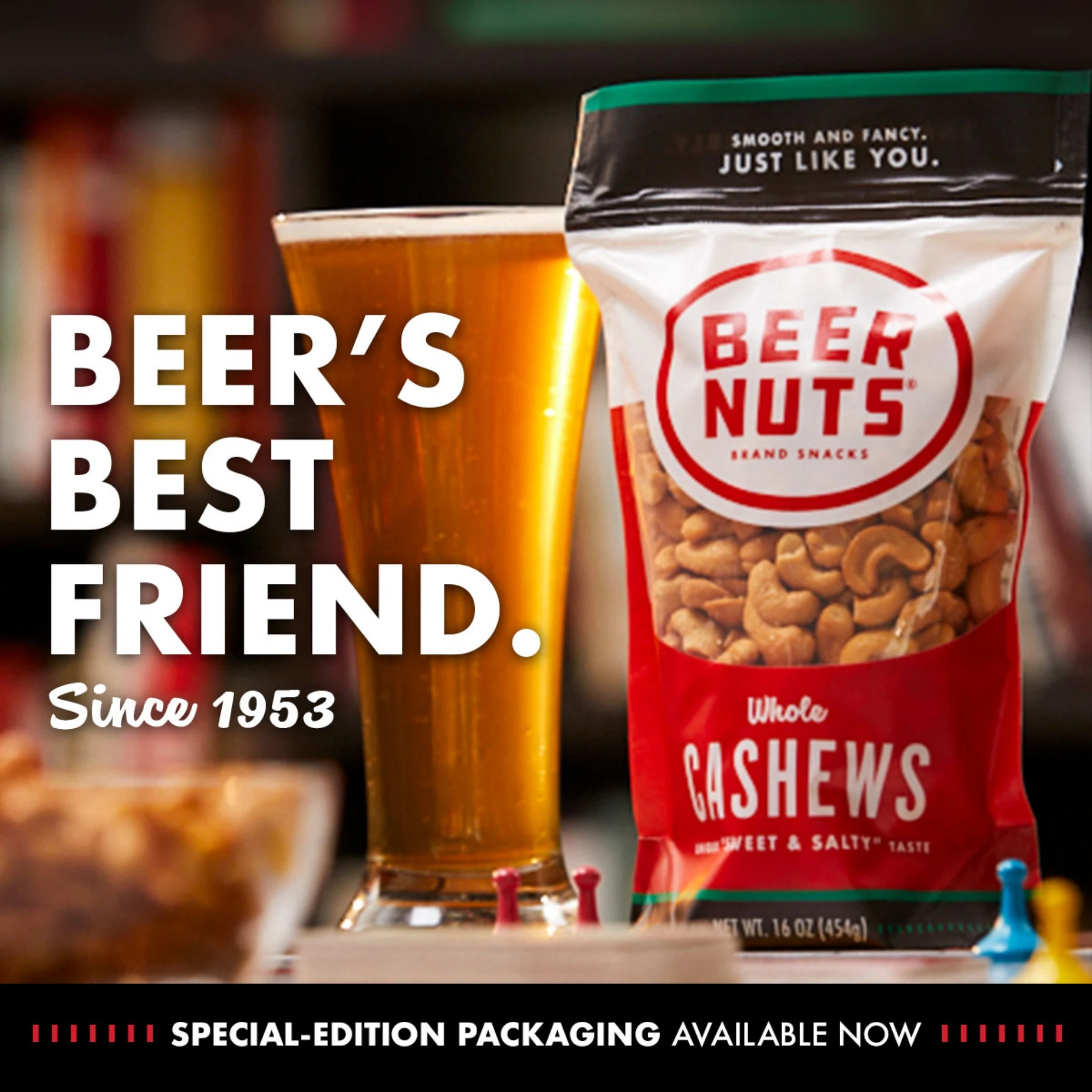 A photo of Beer Nuts Cashews with a caption of Beer's Best Friend