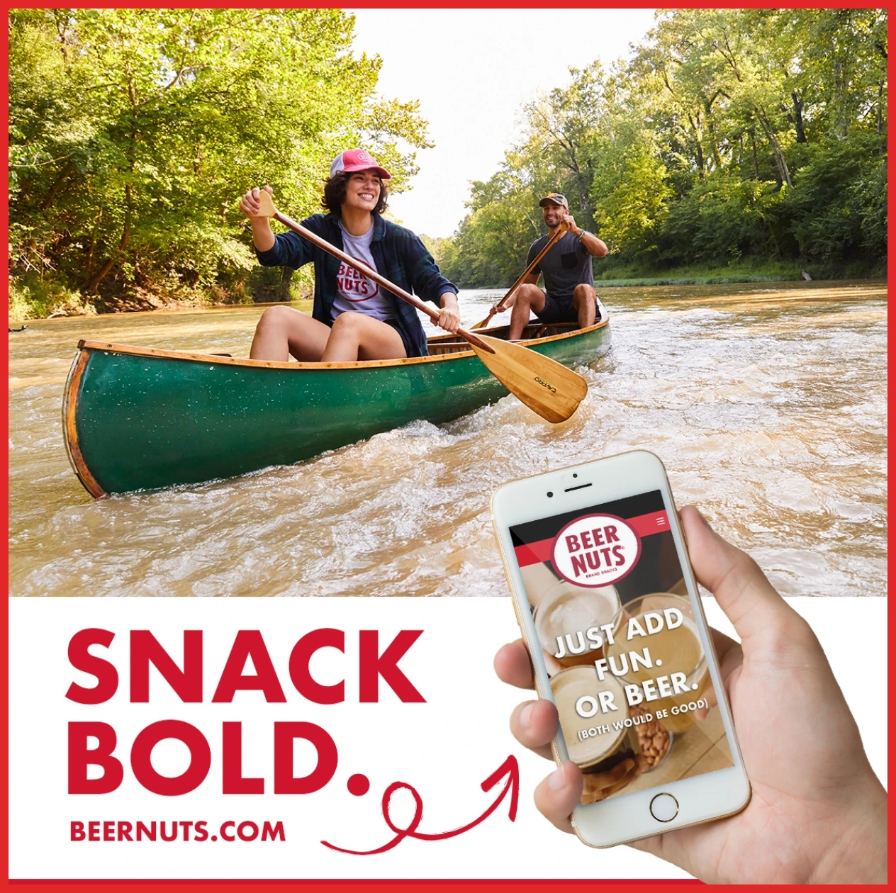 A man and woman in a canoe with the caption Snack Bold.